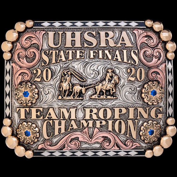 Our Custom Belt Buckle Georgetown is built with diamond edge and Jewelers Bronze Corners. Personalize your own design with rodeo and western figures!